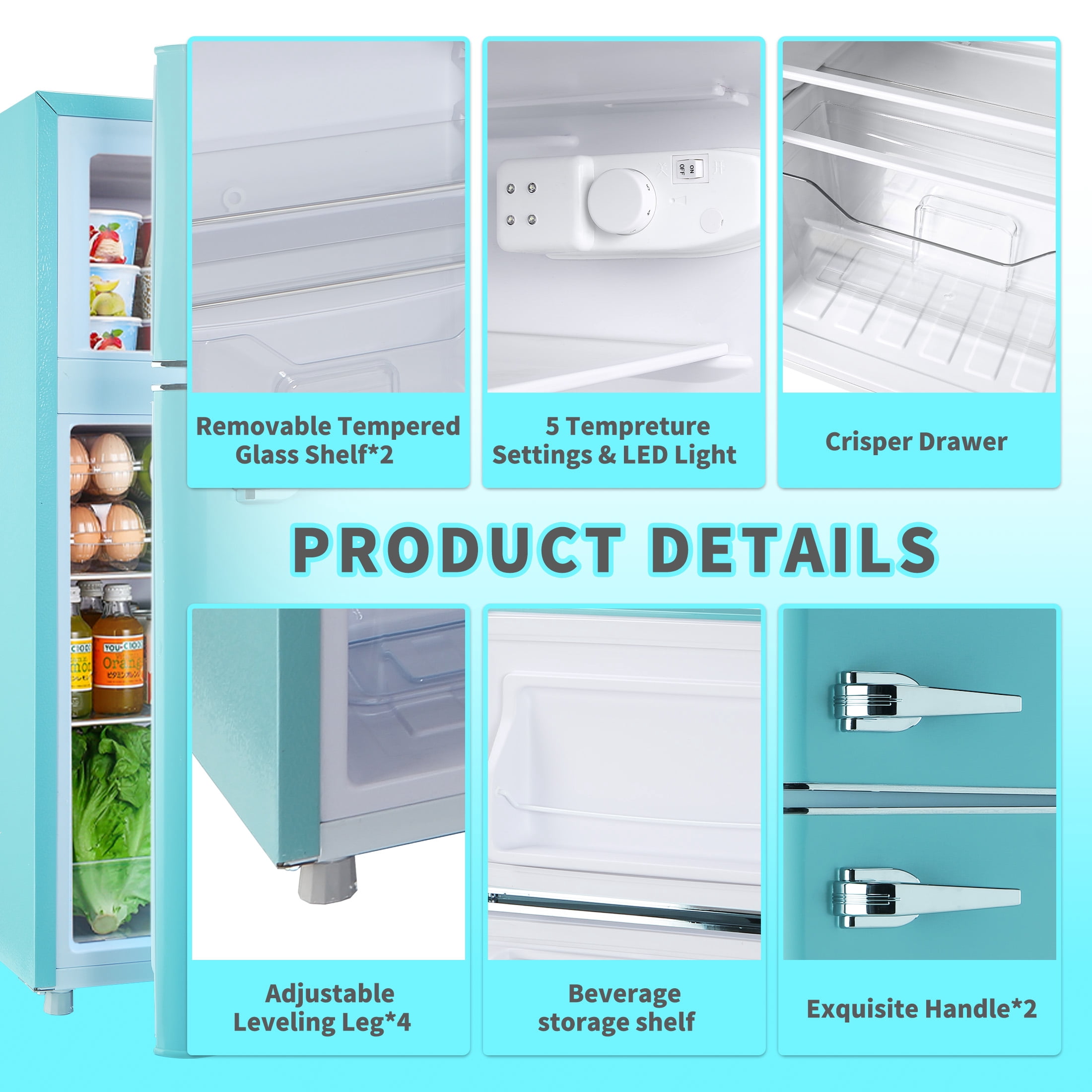 2 Door Mini Fridge with Freezer,3.5Cu.ft Small Freezer,7 Adjustable Thermostat,Blue,New