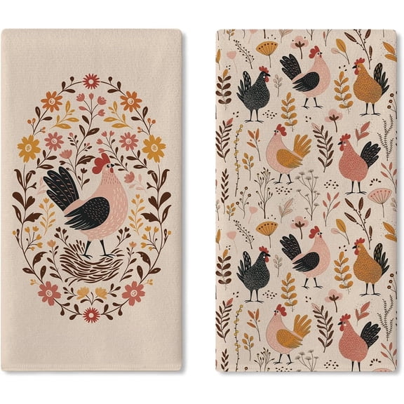 Farmhouse Chicken Floral Kitchen Dish Towels Set of 2, Vintage Farm Rooster Hen Flower Leaves Drying Hand Towel Baking Cooking Cloth, Rustic Country Bathroom Home Decoration 18'' x 26''