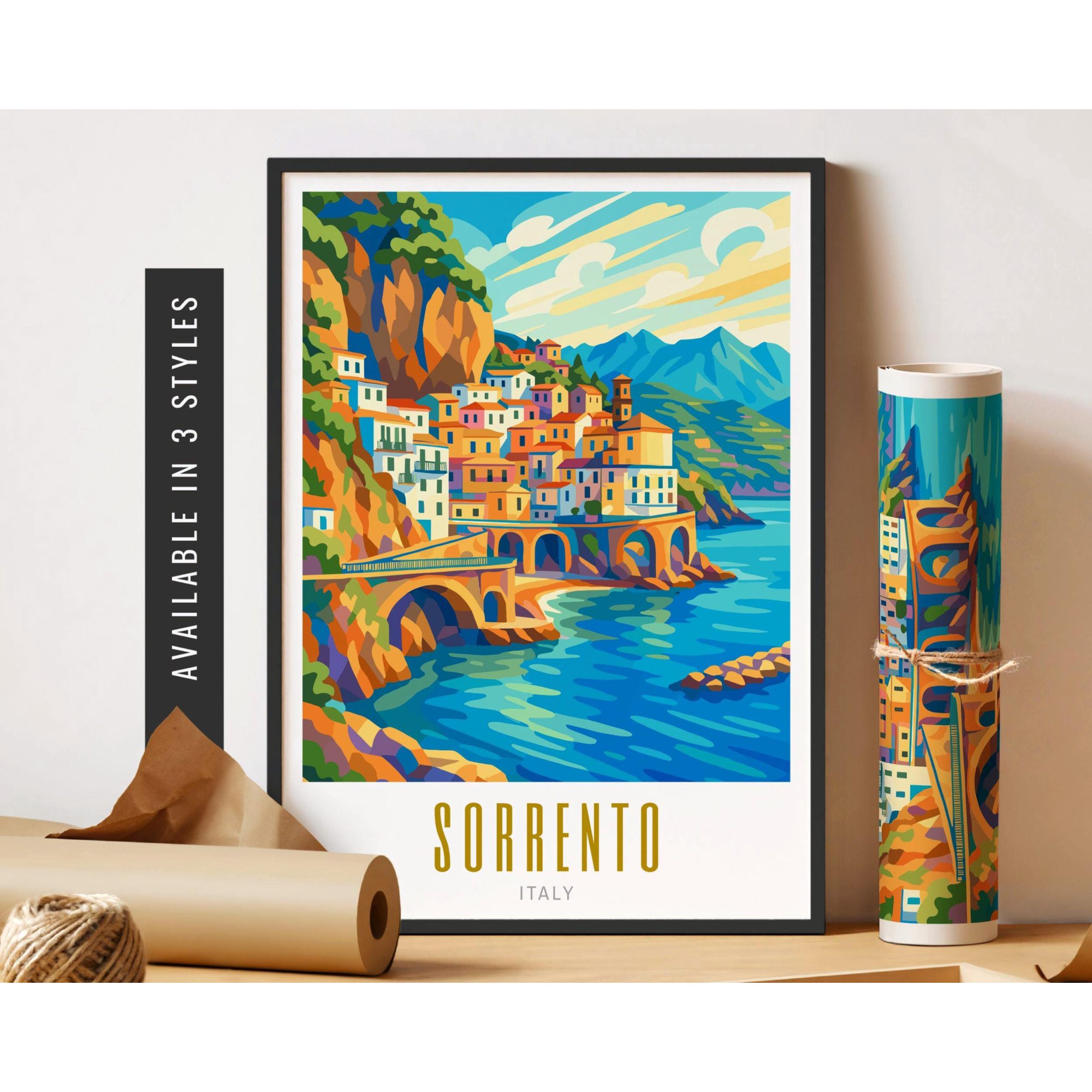 Sorrento Italy Travel Retro City Destination Modern Eclectic Unart Travel Wall Art Poster , Poster Print Only