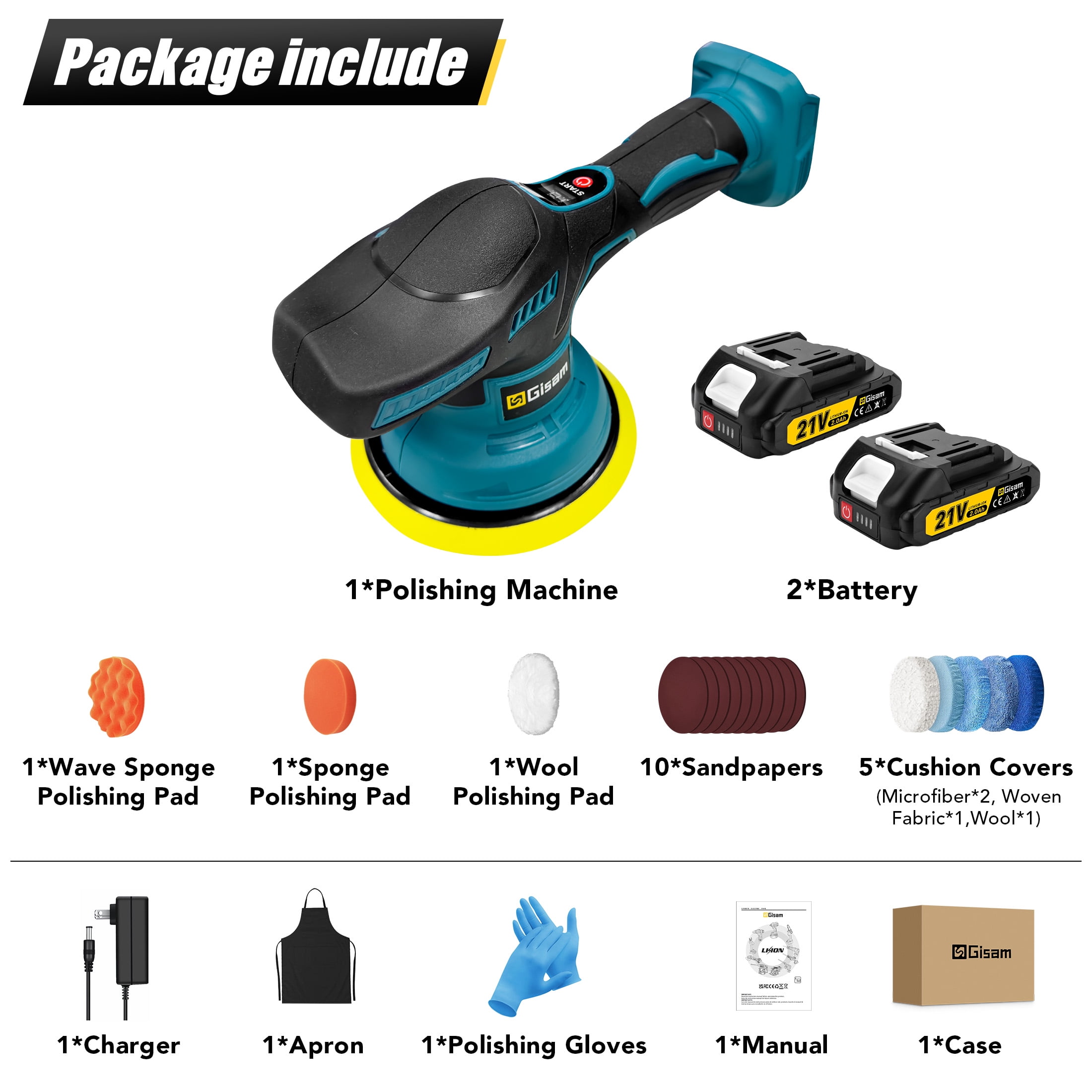 Gisam Cordless Car Buffer Polisher, 8 Variable Speed Auto Orbital Polishing Kit, with 2*21V 2.0Ah Battery for Car Wood Detailing/Polishing/Waxing/Scratch Removing