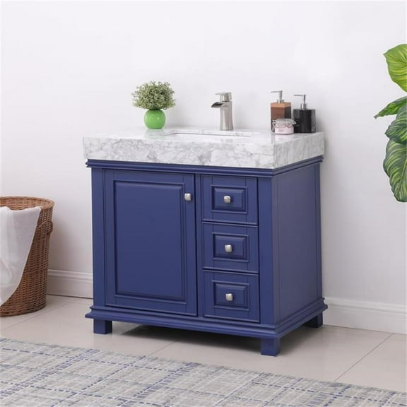 Jardin 36" Carrara White Marble Countertop Single Vanity w/o Mirror Jewelry Blue