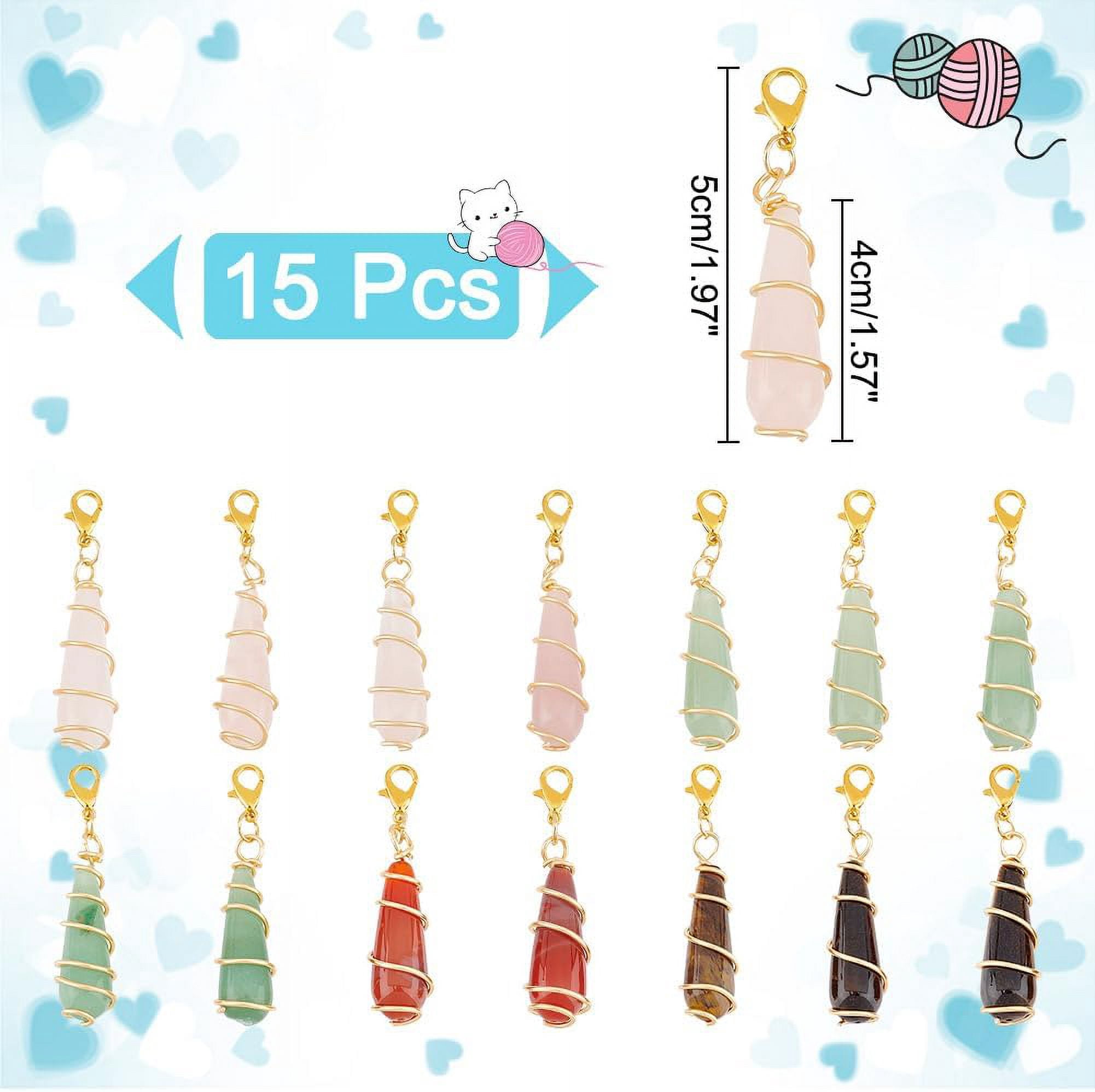 15 Pcs Teardrop Stitch Markers Natural Gemstone Locking Stitch Markers Removable Lobster Clasp Locking Knitting Markers for Knitting Weaving Sewing Jewelry Making Colorful DIY