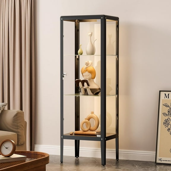 Glass Display Cabinet with Door and Lock, 3-Shelf Adjustable Display Case, Tempered Glass Curio Cabinet with LED Light for Living Room Bedroom Office Storage