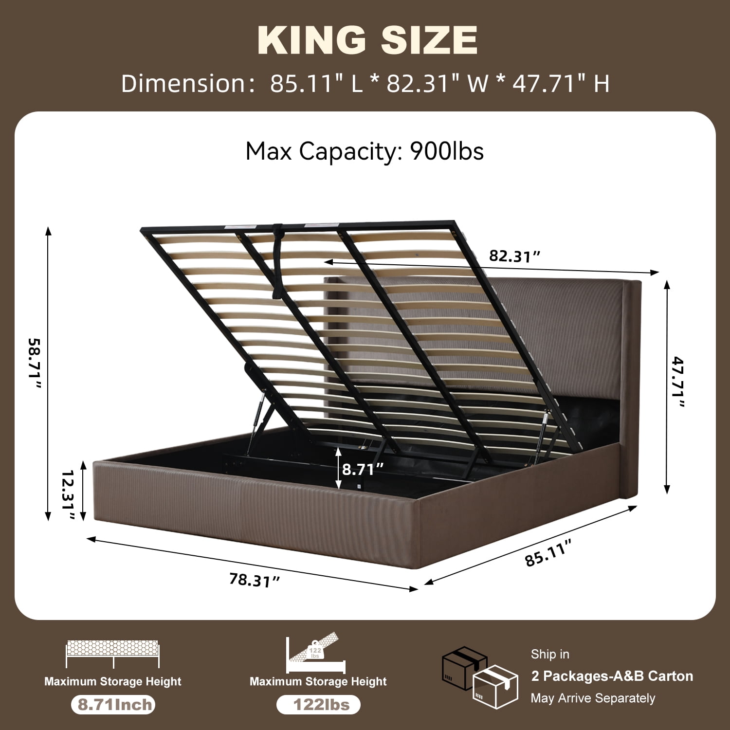 King Size Bed Frame with Lift Up Storage, Corduroy Upholstered Platform Bed with Wingback Headboard, No Box Spring Needed, Hydraulic Storage, Coffee