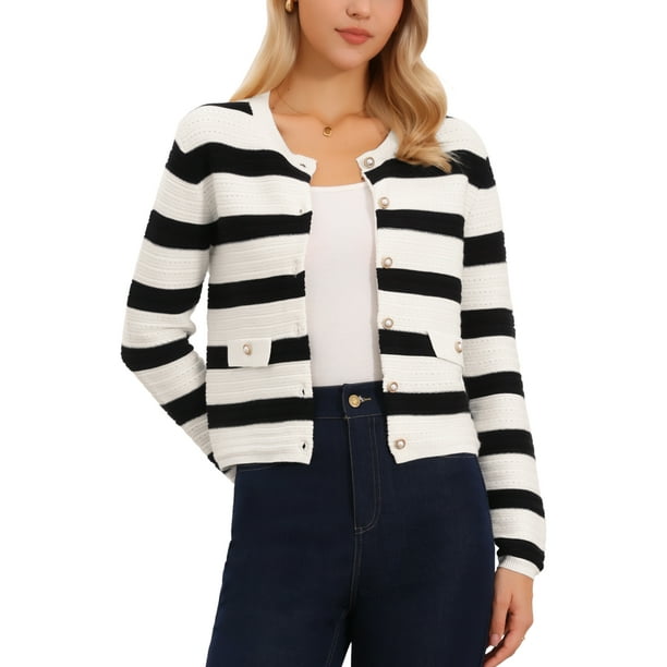 SUÉTER DE CÁRDIGAN A RAYAS INSPIRADOR CHIC PARA MUJERES, MANGA LARGA, CON BOTONES, CUELLO REDONDO, TALLA XS, NEGRO Y BLANCO