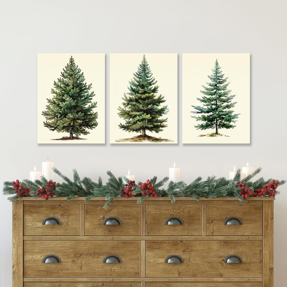 Christmas Trees Canvas Wall Art - Set of 3 Framed 12 X 16 Inch Netural Vintage Christmas Trees Picture Earth Tones Green Christmas Painting Wall Decor Art Print for Holiday Living Room Bedroom Office