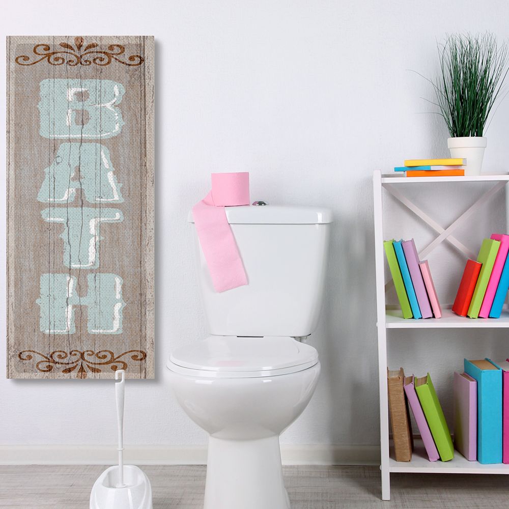 Stupell Industries Rustic Charm Bath Sign Blue Brown Family Bathroom Canvas Wall Art Design by Art Licensing Studio, 20" x 48"