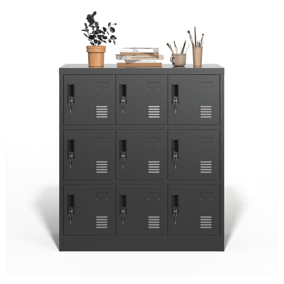 9-Door Employee Locker with Card Slot, Metal Storage Cabinet for Office, Gym, School, Home, Black, Freestanding