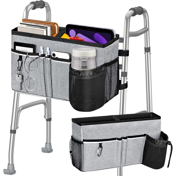 Walker Bag, Multi Pockets Folding Walker Basket Tote Bag with Cup Holder, Hand-free Carry Pouch Storage Bag for Universal Walkers, Large Capacity Organizer for Seniors Elderly, Gray