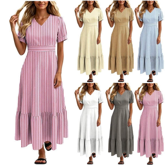 YuXingFu Womens Cotton Dresses with Sleeves Maxi V-Neck Plus Size Womens Dress Short Sleeve for Beach Long Casual Summer White S