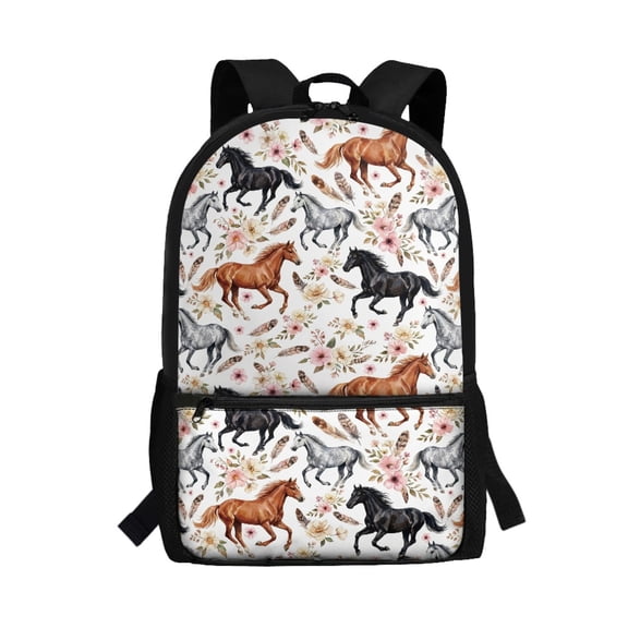 Uourmeti Watercolor Horse & Floral Pattern Smooth Zipper Polyester Backpack, 17 Inchs Durable Student Bookbag Independent Compartment Large Capacity Backpack for Students