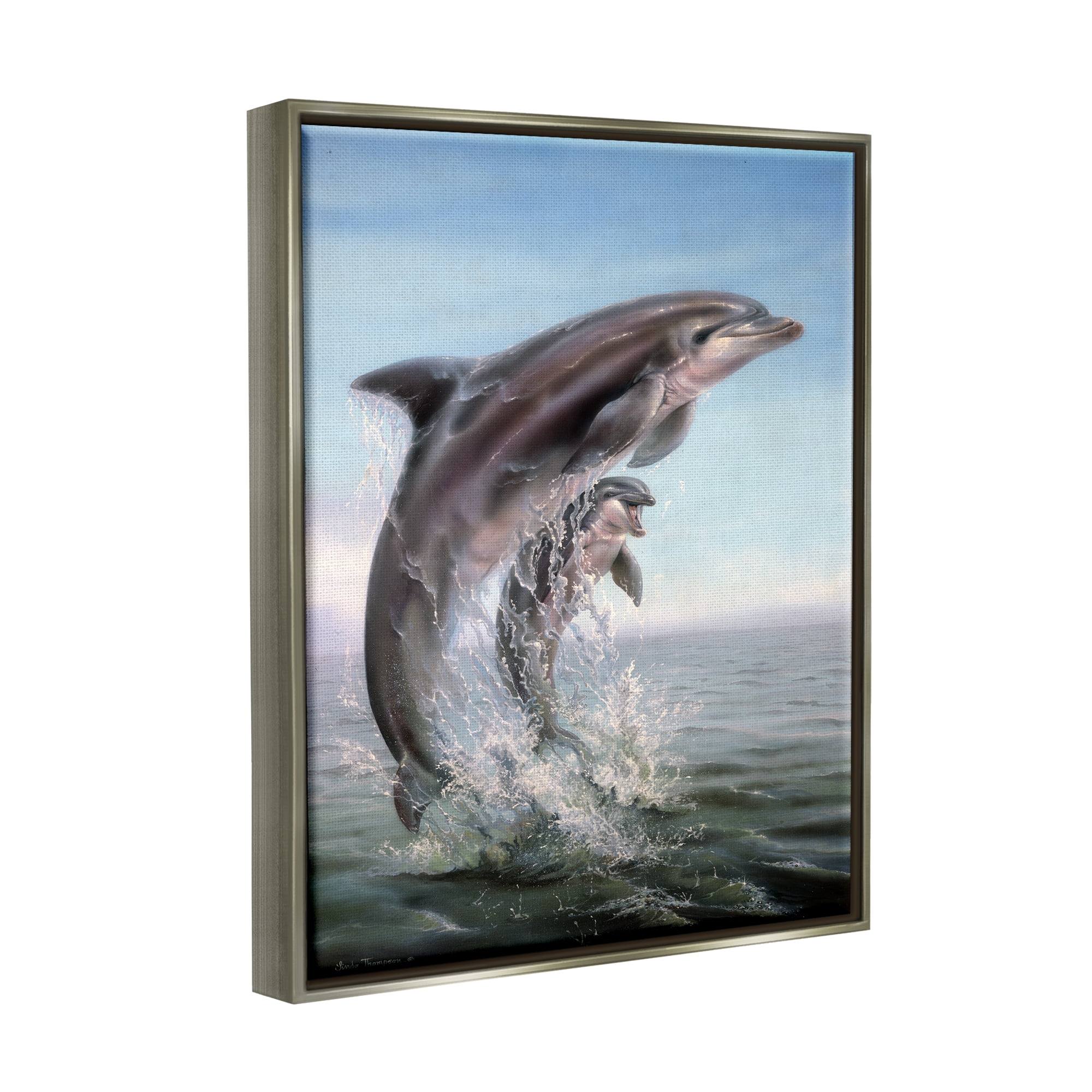 Stupell Industries Breaching Dolphins Water Splash Coastal Painting Gray Floater Framed Art Print Wall Art