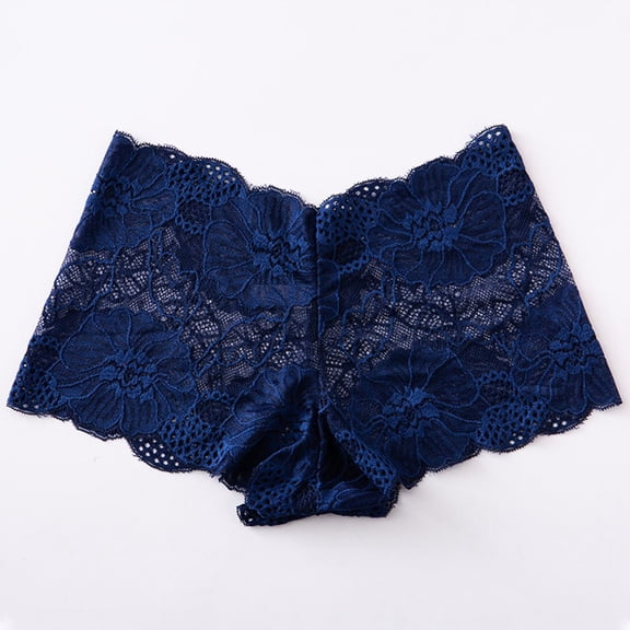 Avrnliq Womens Floral Lace Briefs, Navy High Waisted Lace Underwear with Tummy Control, Seamless Soft Stretch Scalloped Edge Panties,Size S
