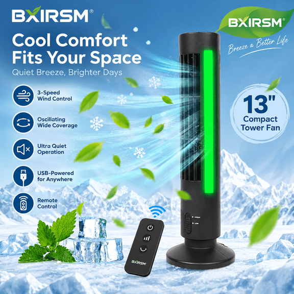 13" Compact Tower Fan for Bedroom, 3-Speed Oscillating Stand Fan with Remote, Quiet Usb-Powered Cooling for Small Spaces, Dorm, Office & Home