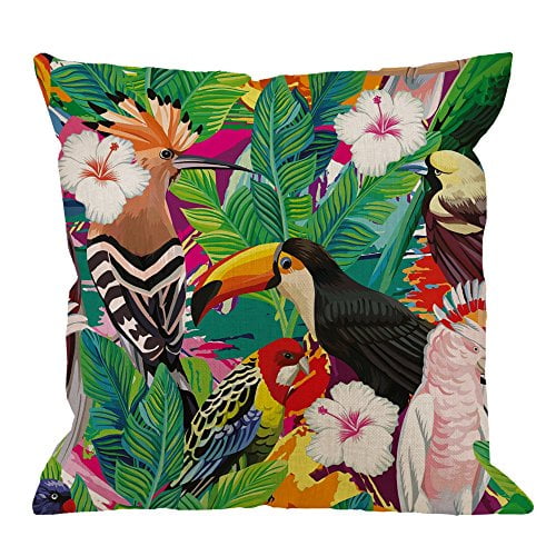 Parrot Pillow Covers Decorative by HGOD Designs Tropical Bird Toucan Leaves and Hibiscus Flowers Cotton Linen Square Pillow Case for Men/Women/18x18 inch Green Red Yellow