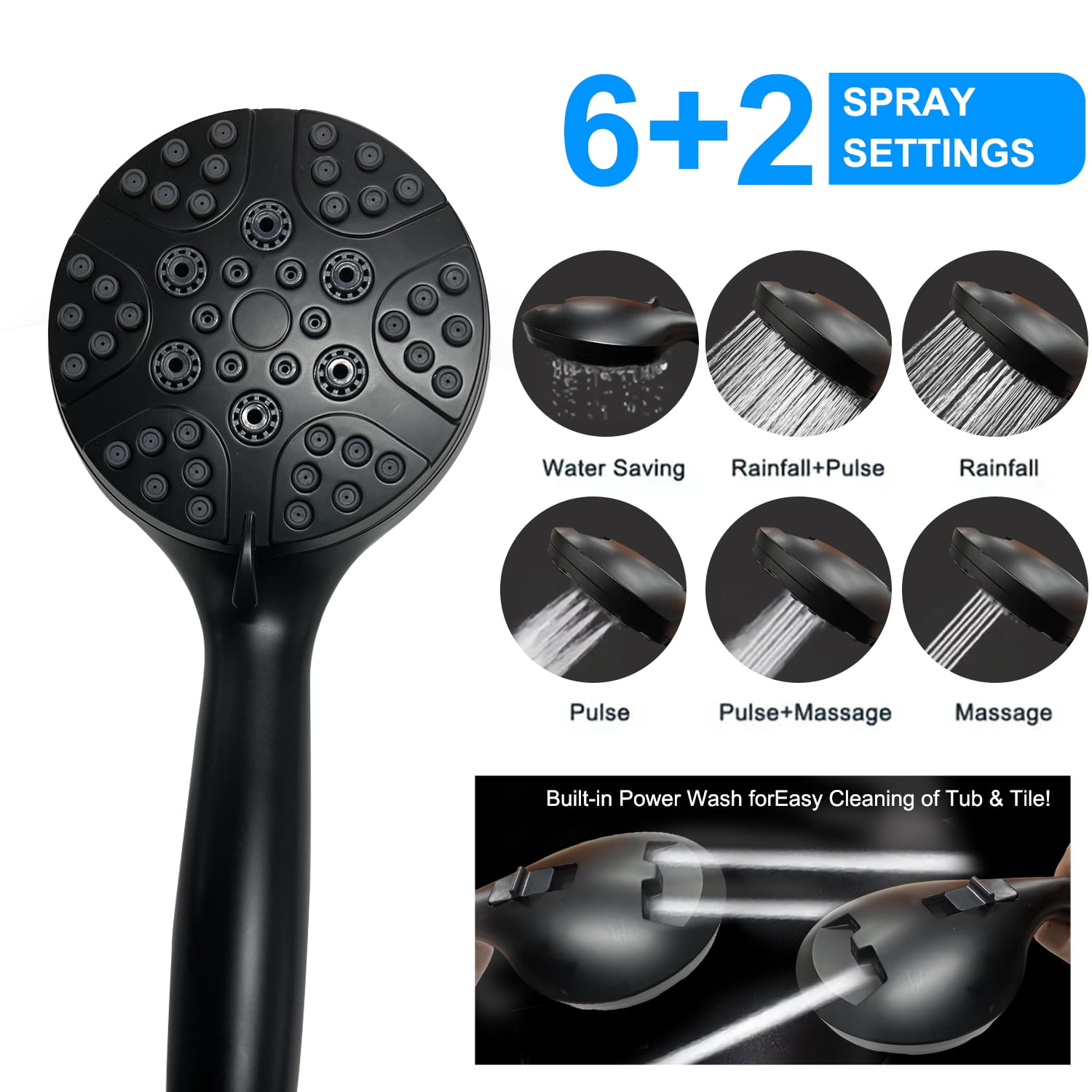 ARDIKAMA Dual Shower Head Combo, High Pressure 12'' Adjustable Extension Arm Rainfall Stainless Steel Showerhead with ON/OFF Pause Switch with Hose, Adhesive Rain Shower Head Holder (Matte Black)