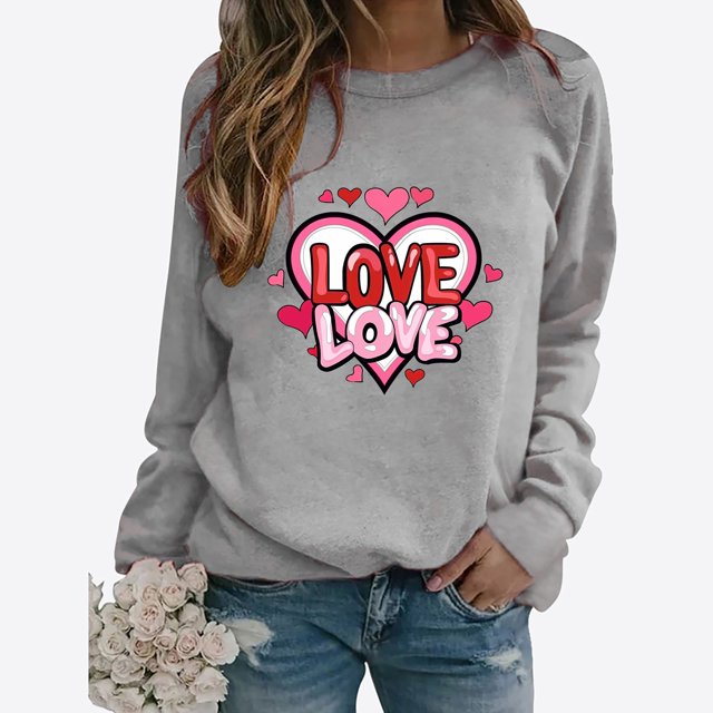 Meichang T-Shirts de la Saint-Valentin pour Femmes Imprimé Cœur Col Rond Manches Longues Décontracté Cadeaux de la Saint-Valentin Blouses Pull Printemps Liquidation