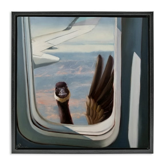 Stupell Industries Goose in Airplane Window Scene Animals & Insects Painting Black Floater Framed Canvas Art Print Wall Art, 18 x 18