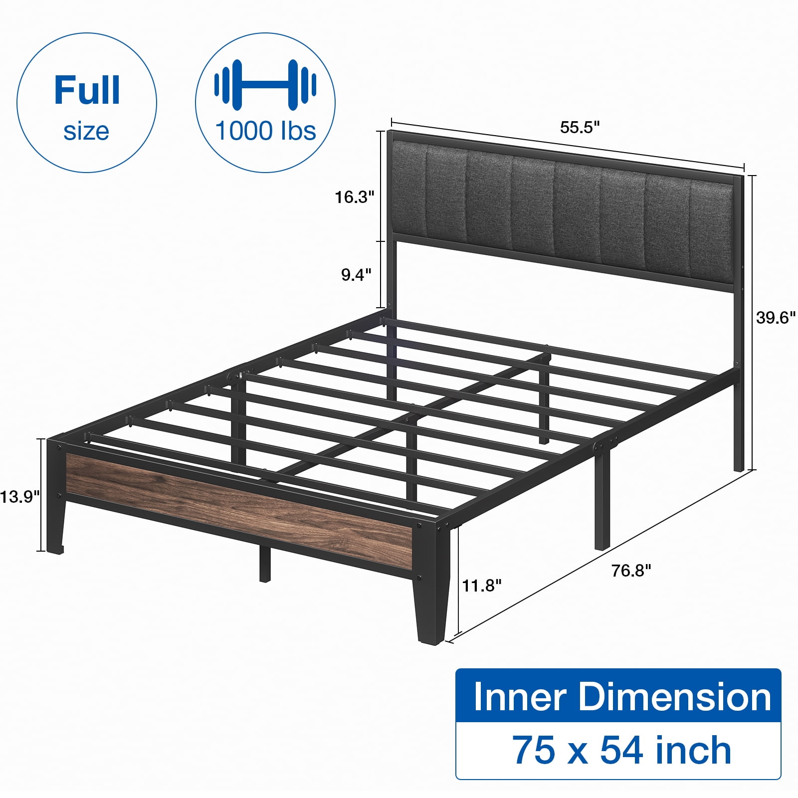 Lusimo Full Size Bed Frame with Upholstered Headboard and Under-Bed Storage No Box Spring Needed, Dark Gray
