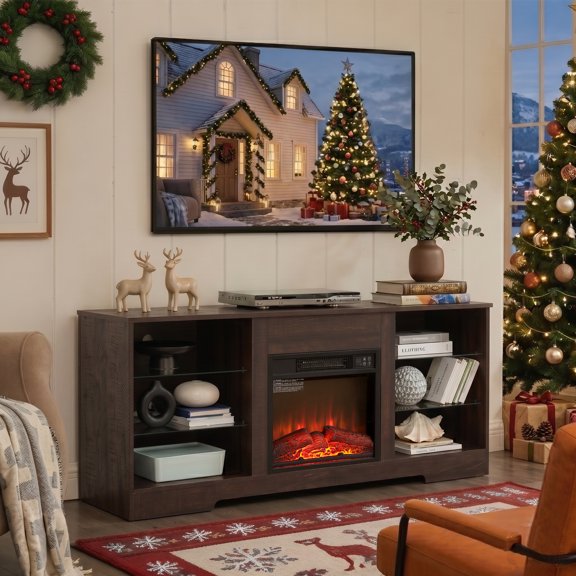 Eyisean 58" LED Electric Fireplace TV Stand with 18" Fireplace Inserts, Wooden Entertainment Center 7 Colors Light for TVs Up to 65", TV Media Console Table with Open Cabinet for Living Room