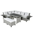 thumbnail image 4 of 5-Piece Outdoor Patio Rattan Sofa Set, Sectional PE Wicker L-Shaped Garden Furniture Set with 2 Extendable Side Tables, Dining Table and Washable Covers for Backyard, Poolside, Indoor (White), 4 of 11