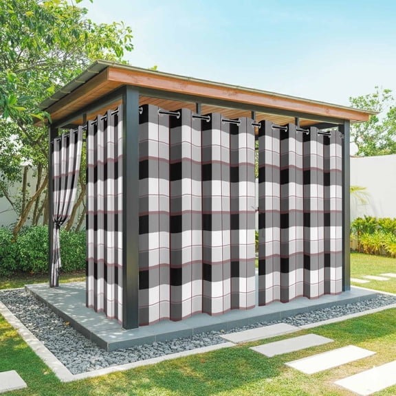 Black Grey Plaid Outdoor Curtains for Patio Waterproof, Grommet Outdoor Privacy Panels, Modern Abstract Ombre Gingham Checkered Weatherproof Outside Curtains for Porch/Cabana 54"Wx108"L, 2 Panel