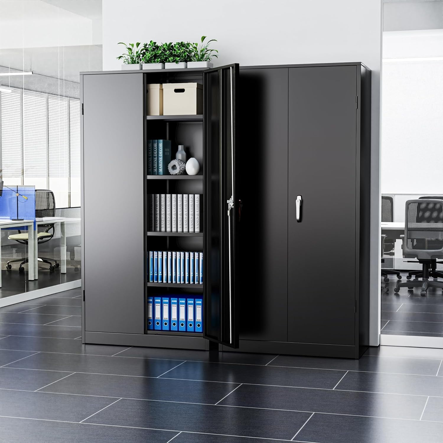 SUNCROWN Metal Storage Cabinet, 72" Black Steel Garage Cabinet with Doors and Adjustable Shelves, Metal Cabinet with Lock,Garage Cabinets and Storage System for Garage,Home Office,School