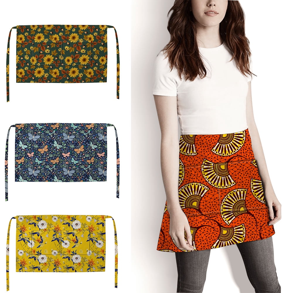 Waitress Waist Apron 2 Pockets Short Waterproof and Stain Resistant Premium Cotton Printed Apron 17 Styles