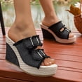 thumbnail image 6 of KIJBLAE Women's Denim Fabric Buckle Wedge Slide Sandals, Thick Sole Fashion Casual Summer Outdoor Beach Lazy Slides Black 38, 6 of 9