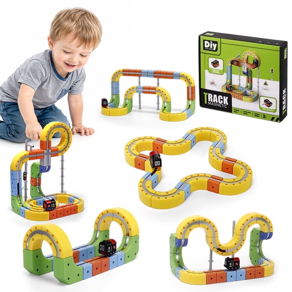 Magnetic Train Set for Kids, 100Pcs Build 3D DIY Track Building Kits with Train and Traffic Signs, STEM Car Educational Toy Set for Kids, 3  Years Old Boys & Girls Birthday