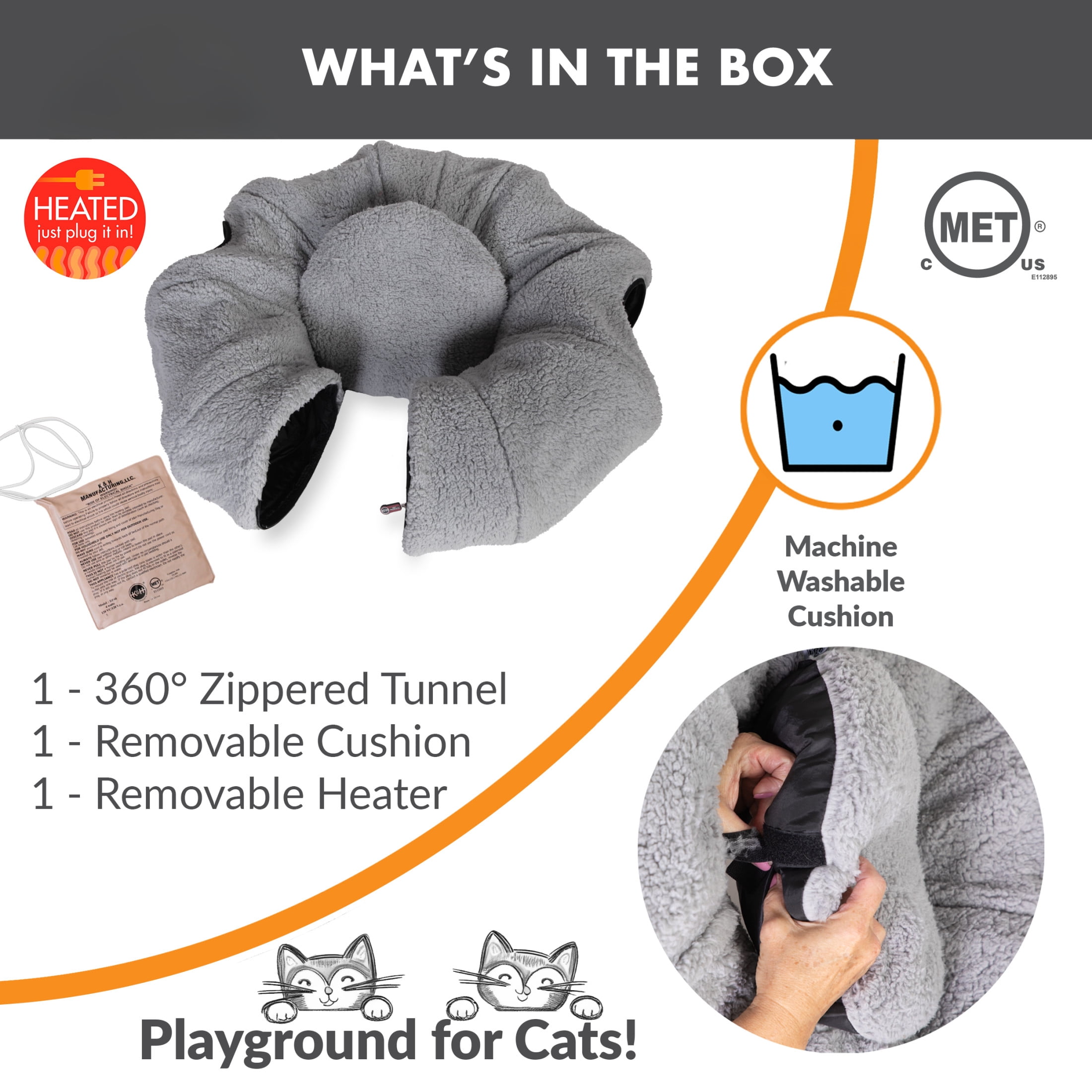 K&H Pet Products Thermo-Kitty Heated Cat Tunnel Bed Gray 28 X 28 X 9 Inches