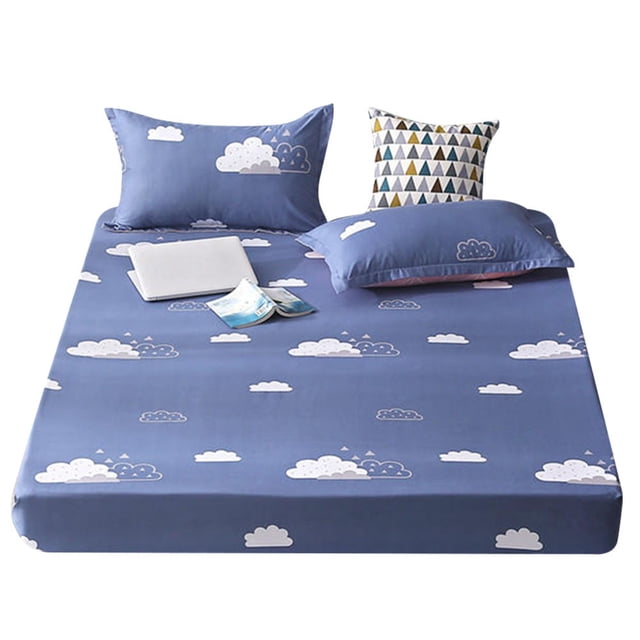 Juego de cama de poliéster con estampado de flores, funda de almohada, sábana ajustable (doble)