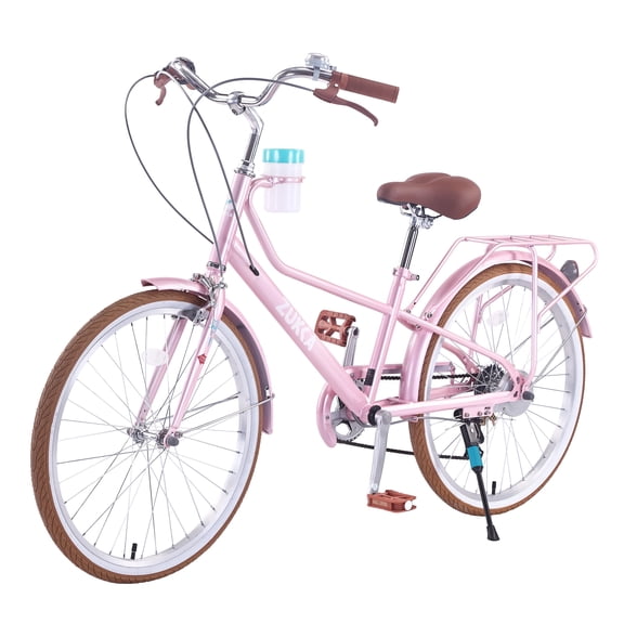 Juuar 24" Cruiser Bike with Rear Rack & Cup Holder, 6 Speed Steel Frame Womens Bicycle, Comfort Ladies Bike for Adults, Fits Riders 4'8"-5'6", Pink