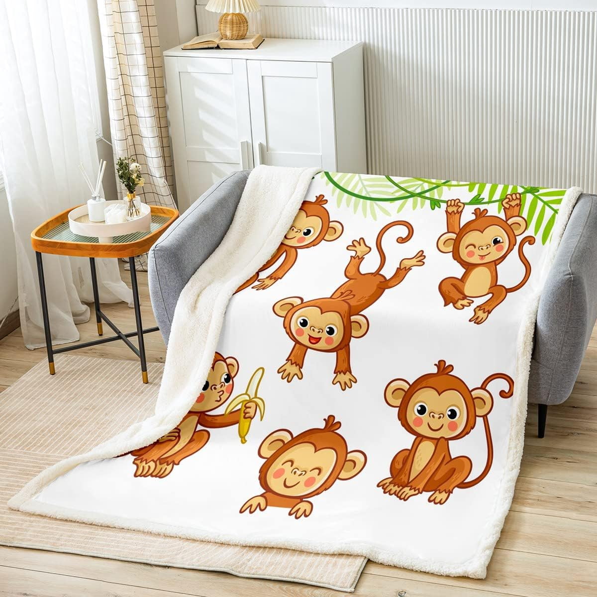 Kids Cute Monkeys Fleece Throw Blanket Cartoon Monkey Banana Decor Sherpa Blanket Boys Girls Wild Animal Pattern Plush Blanket Natural Wildlife Fuzzy Blanket for Sofa Bed Couch,Throw 50x60 Inch