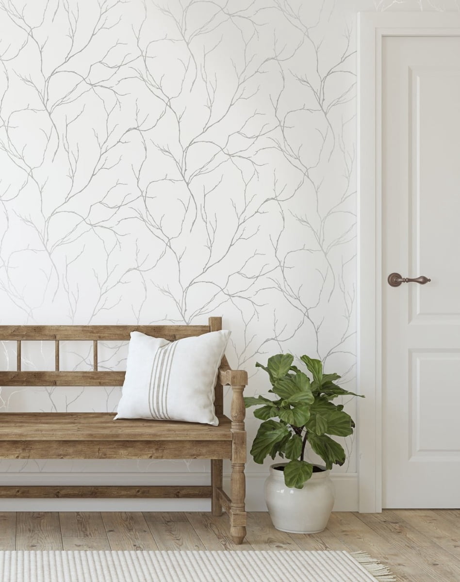 NextWall Metallic Silver Delicate Branches Peel and Stick Wallpaper
