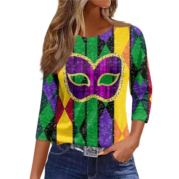 Lumtrix Mardi Gras Shirts for Women Funny Mask Print 3/4 Sleeve Tops New Orleans Carnival Themed Party Tunic Parade T Shirt Plus Size Crew Neck Blouse Army Green S