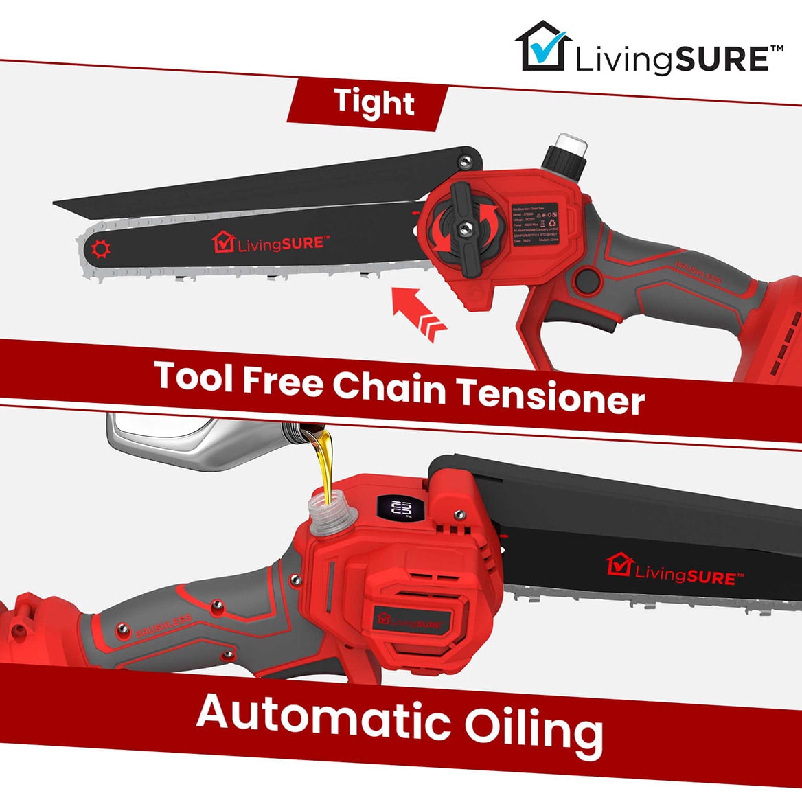 8" Cordless Mini Chainsaw by LivingSURETM Portable Cordless Electric Chain Saw, Rechargeable Battery Power Cutting Handheld Saw -Tree Branch Wood Cutting, Gardening Tool – Battery Not Included
