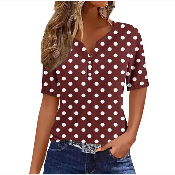 Lenpel T-Shirts for Women Trendy Short Sleeve Quarter Button V Neck Printed Tunic Tops Summer Casual Tees