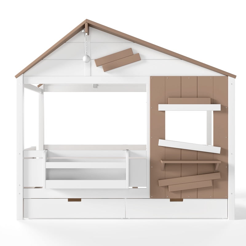 Twin House-Shaped Kid's Bed with Built-in Bookshelf & Light Bulb, Wooden Platform Bed Frame with 2 Drawers & 5 Round Hooks