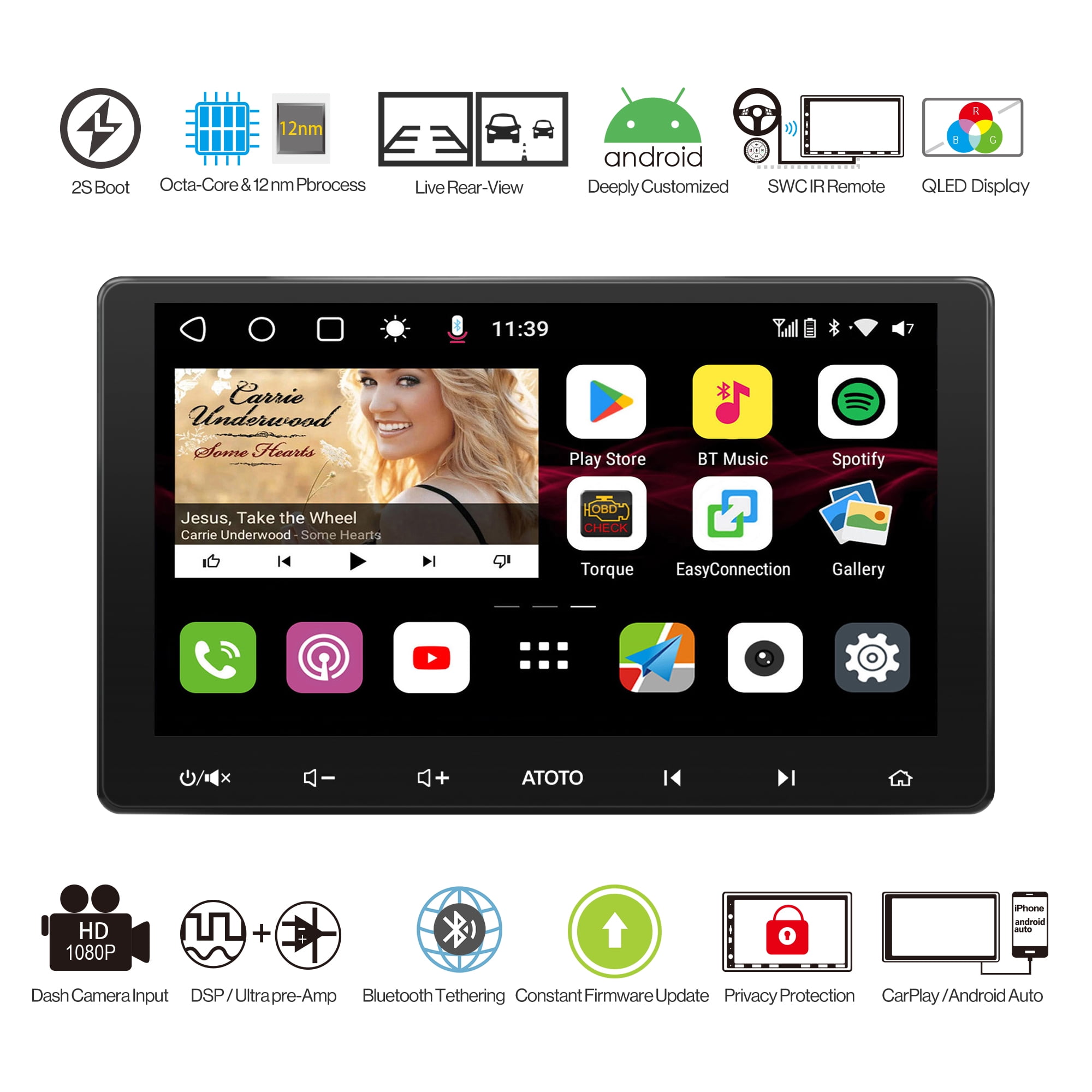  ATOTO S8 Premium 10 inch QLED Double-DIN Android Car Stereo,  in-Dash Video Receiver, Wireless CarPlay & Wireless Android Auto, 3G+32G,  2BT w/aptX HD, USB Tethering, HD VSV Parking with LRV,S8G2114PM 