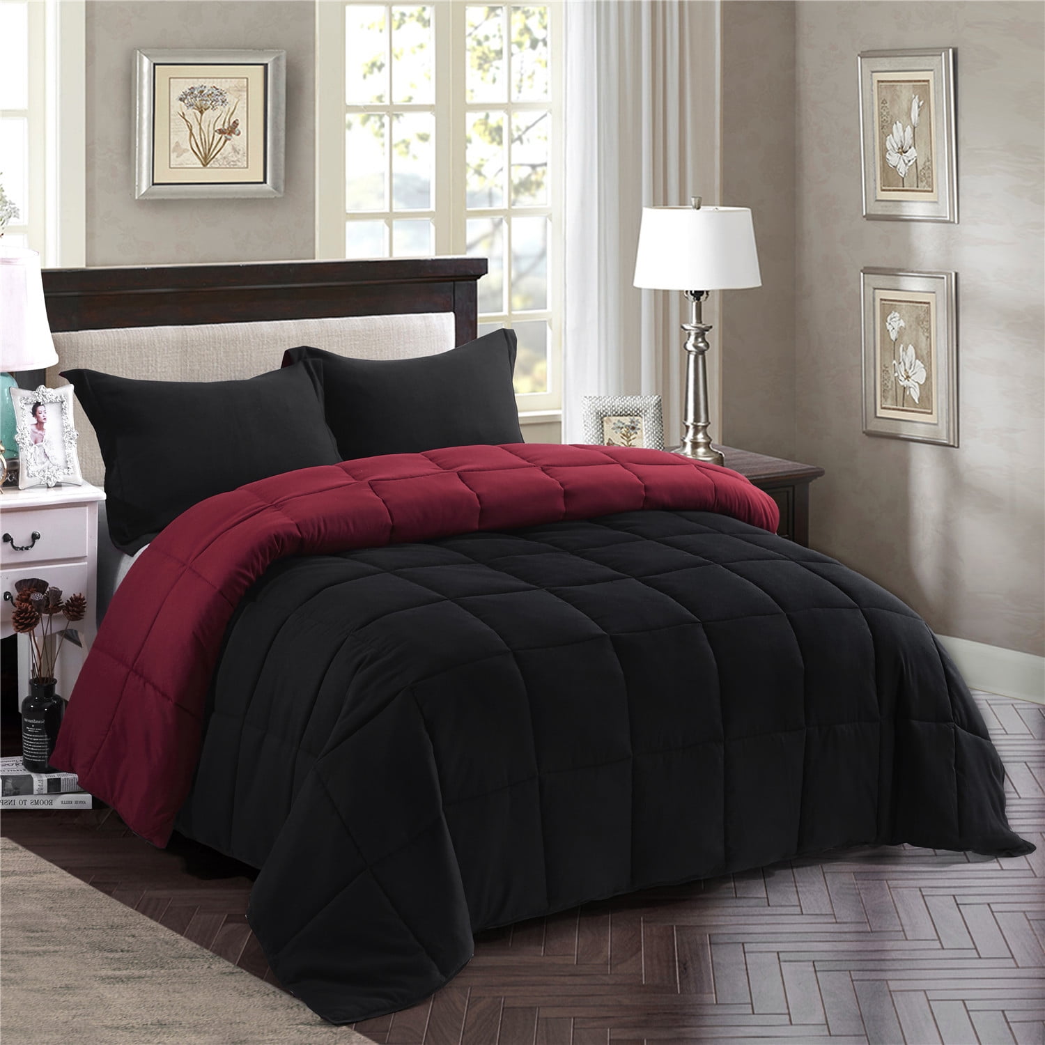 Down Alternative Twin Full/Queen King Red and Black Reversible Comforter Set 