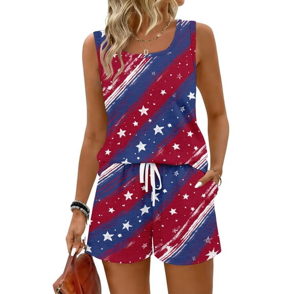 JULMCOMO 4th of July Two Piece Sets for Women USA Flag Sleeveless Tank Top Patriotic Short Sets Independence Day Square Neck Stars Stripes Clothes with Pockets Sky Blue L