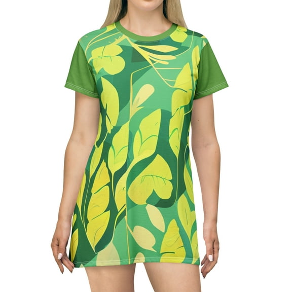 T-Shirt Dress (AOP) yellow leafy green