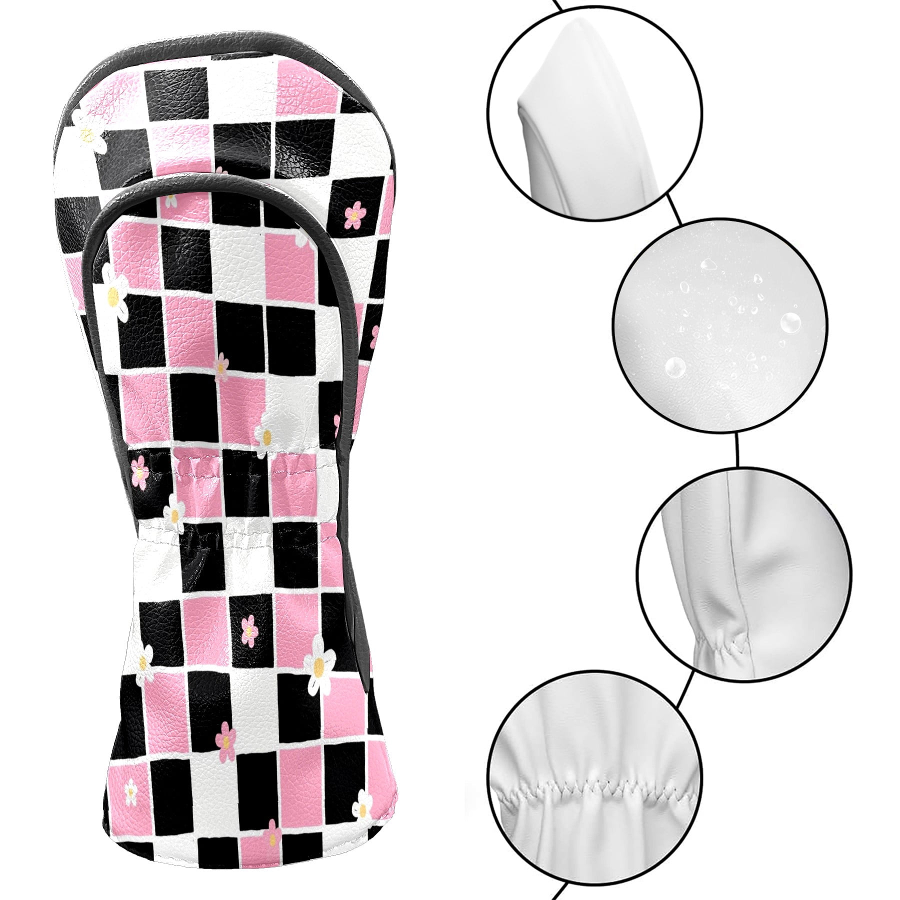 Golf Club Headcovers High Quality Waterproof Leather Golf Head Cover Set Men Women Driver Head Cover Exclusive Gift for Golf Lovers Pink Black Grid Flowers