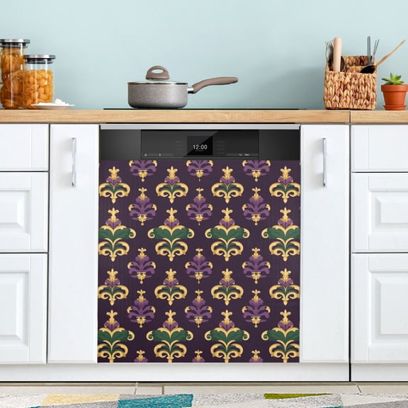 Yayeee Magnetic Dishwasher Cover for The Front Decoration Home Kitchen Machine Sticker Protector, Gold and Purple Floral Pattern