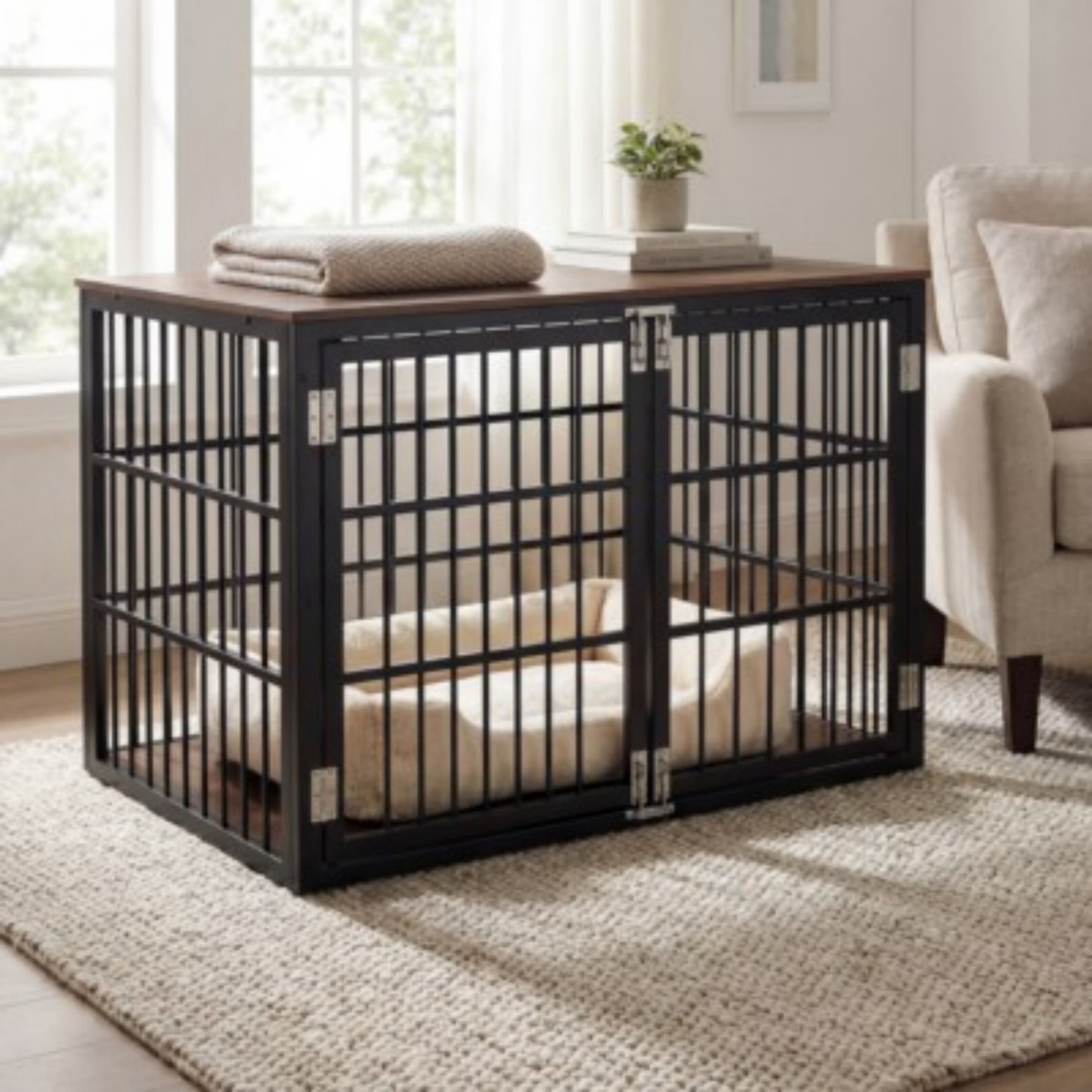 SHOUFTW 4-Panel Dog Crate Furniture, Iron Wood Dog Cage, Heavy Duty Pet Kennel, Particle Board Top & Metal Frame, Black Rust