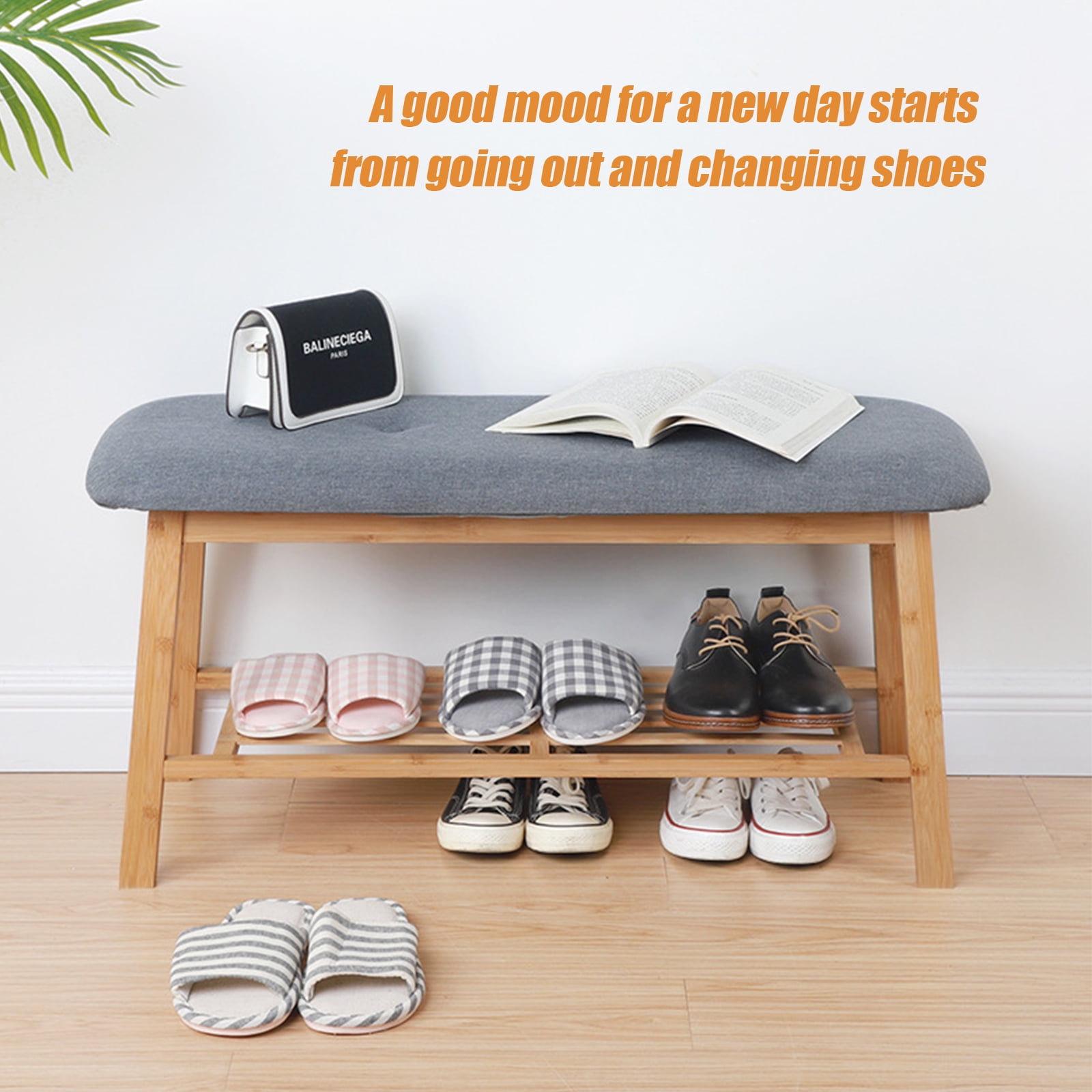 Anqidi Shoe Rack Bench, Gray Removable Bamboo Padded Shoe Bench with
