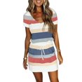 thumbnail image 1 of Femmes Été Robe Stripe Épissage Sling Robe V Cou Spaghetti Sangle Cordon Ceinture Robes avec Poches Bleu Clair Rose Gris XXL, 1 of 7