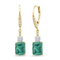 Gem Stone King 18K Yellow Gold Plated Silver Green Malachite White Moissanite and White Topaz Dangle Earrings for Women (7.68 Cttw, Gemstone Birthstone, Emerald Cut 9X7MM)