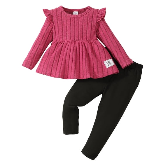 12 Months Baby Girls Clothes 18 Months Girls 2PCS Outfits Set Round Neck Toddler Girls Long Sleeve Top Pants Set Rose Red